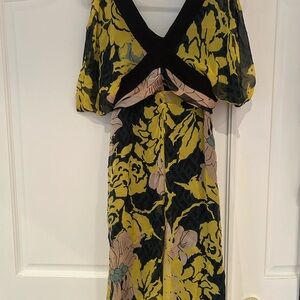 Diane Von Furstenberg Asymmetrical Dress in Yellow and Black Floral